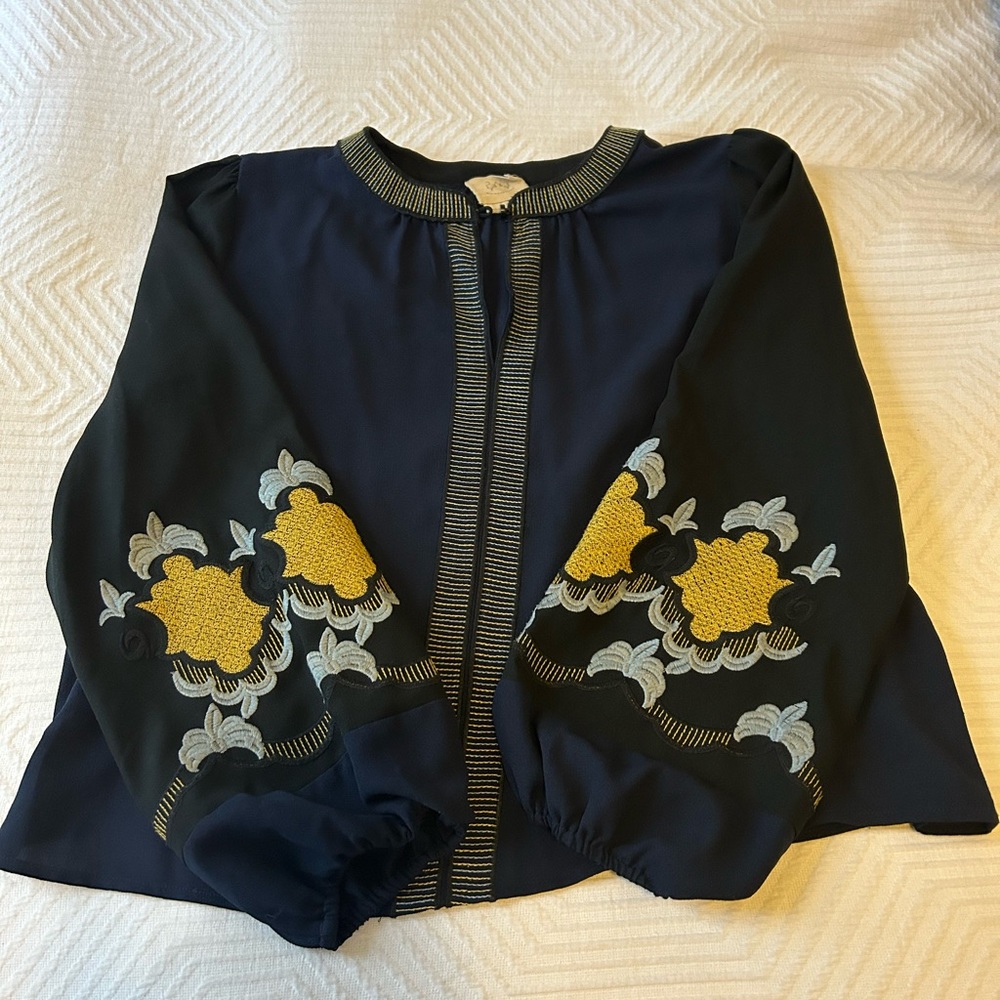 Anthropologie Black and Blue Embroidered Blouse